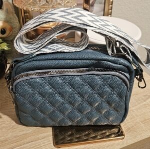Quilted Blue Crossbody Bag with Patterned Strap and LV Lock n Key #307